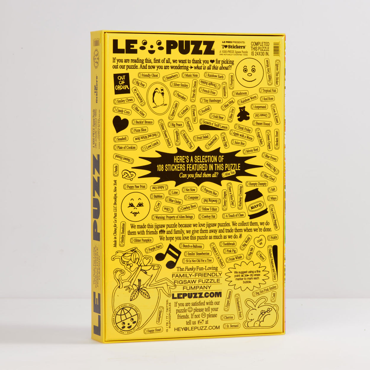 I heart stickers puzzle | Le Puzz | 1000 Pieces: Bright, neon stickers as a 1000 piece puzzle. I ❤️ Stickers, like no for real, we love love love stickers. This puzzle is a collage of over a thousand vintage stickers collected over the years. We included a list of a hundred or so of our faves on the back, can you find them all?