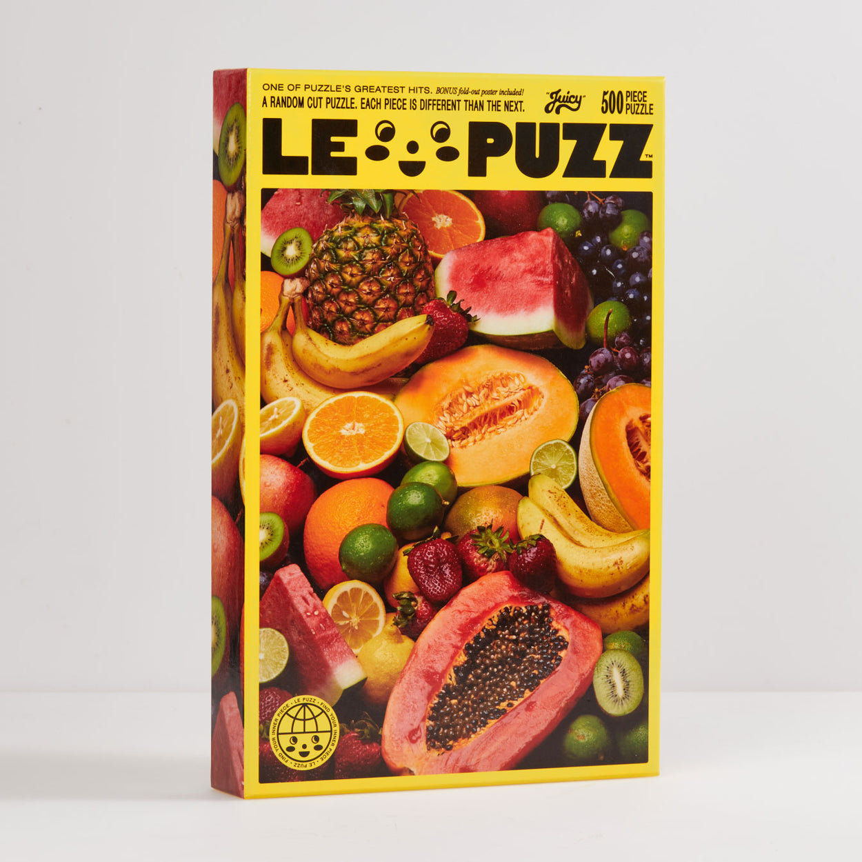 Juicy Puzzle | Le Puzz | 500 Pieces: different types of fruit Puzzle.  Juicy is our take on a classic jigsaw puzzle theme — a giant pile of fruit! You might start with the edges or dive right into sorting out the limes. Trypophobia warning this puzzle does feature strawberry and papaya seeds.