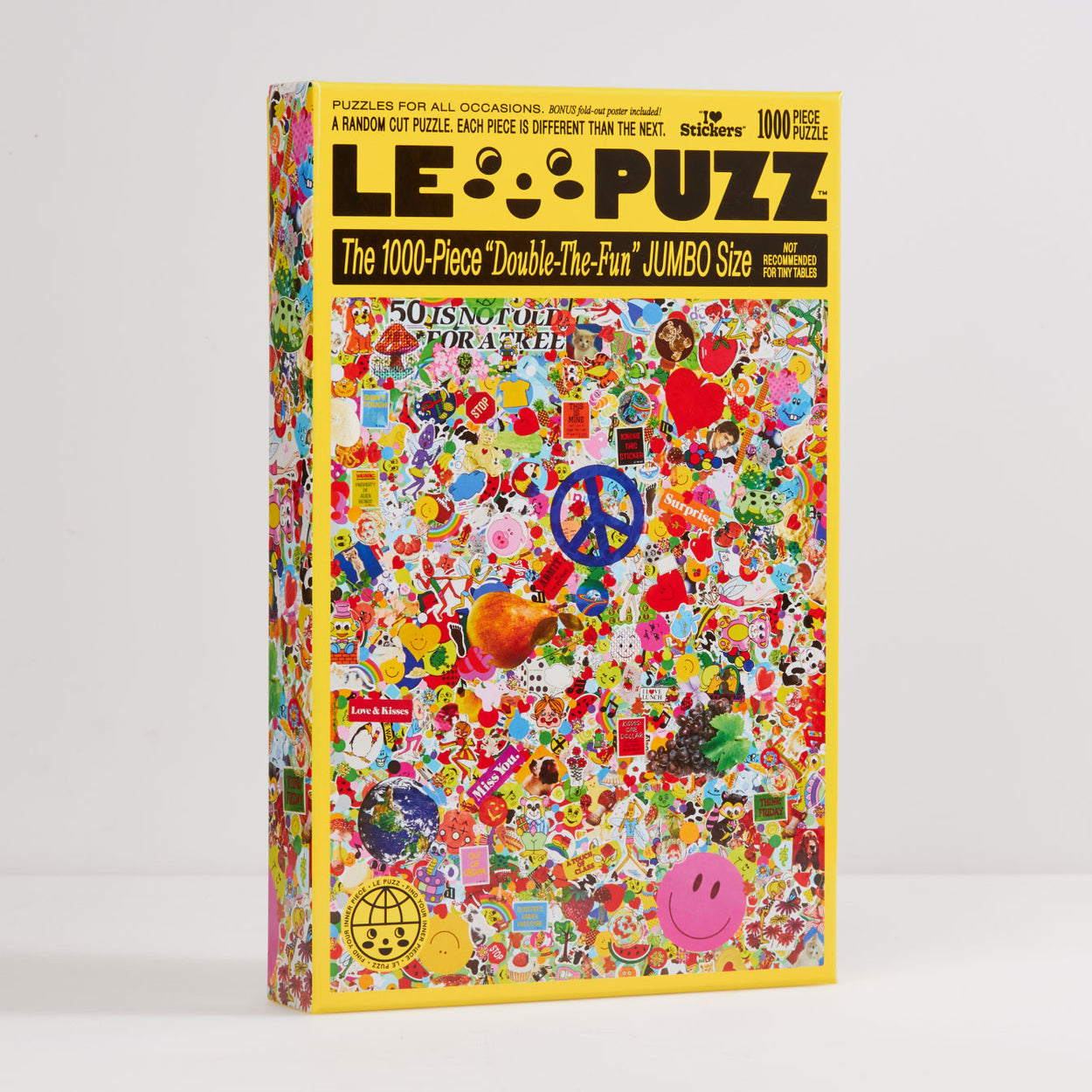 I heart stickers puzzle | Le Puzz | 1000 Pieces: Bright, neon stickers as a 1000 piece puzzle. I ❤️ Stickers, like no for real, we love love love stickers. This puzzle is a collage of over a thousand vintage stickers collected over the years. We included a list of a hundred or so of our faves on the back, can you find them all?