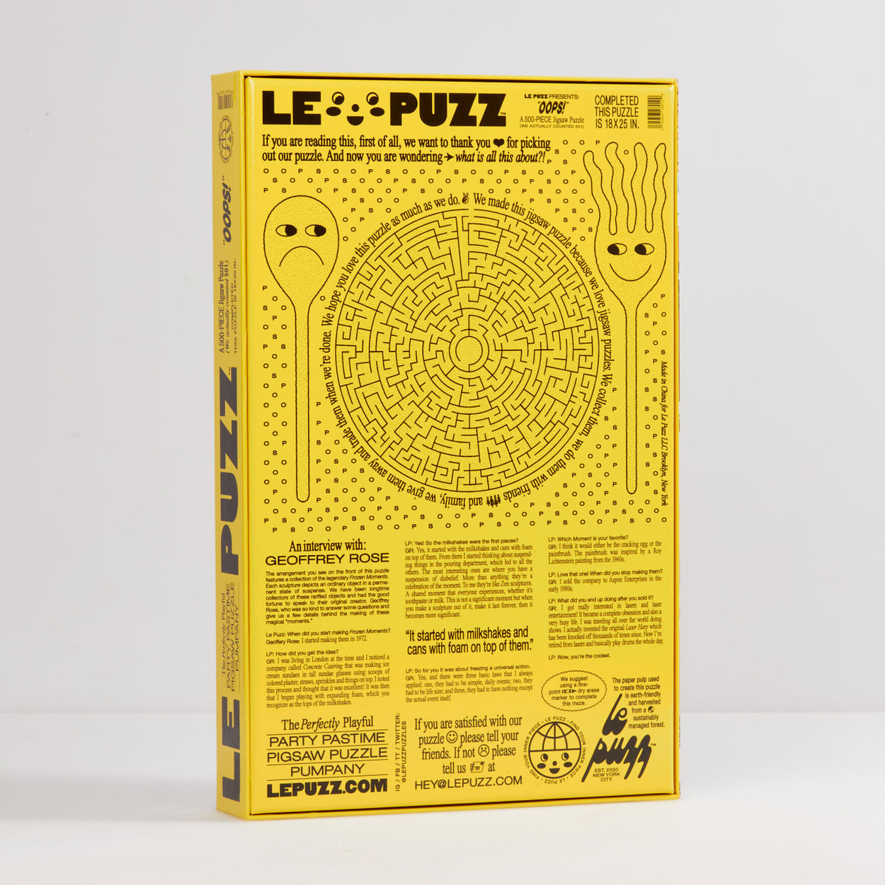 Oops Puzzle | Le Puzz | 500 Pieces: Oops is an homage to one of our favorite oddities — Frozen Moments! These wonderfully weird fake food objects are a moment frozen in time. We even tracked down their original creator Geoffrey Rose (see back of box for an exclusive interview).